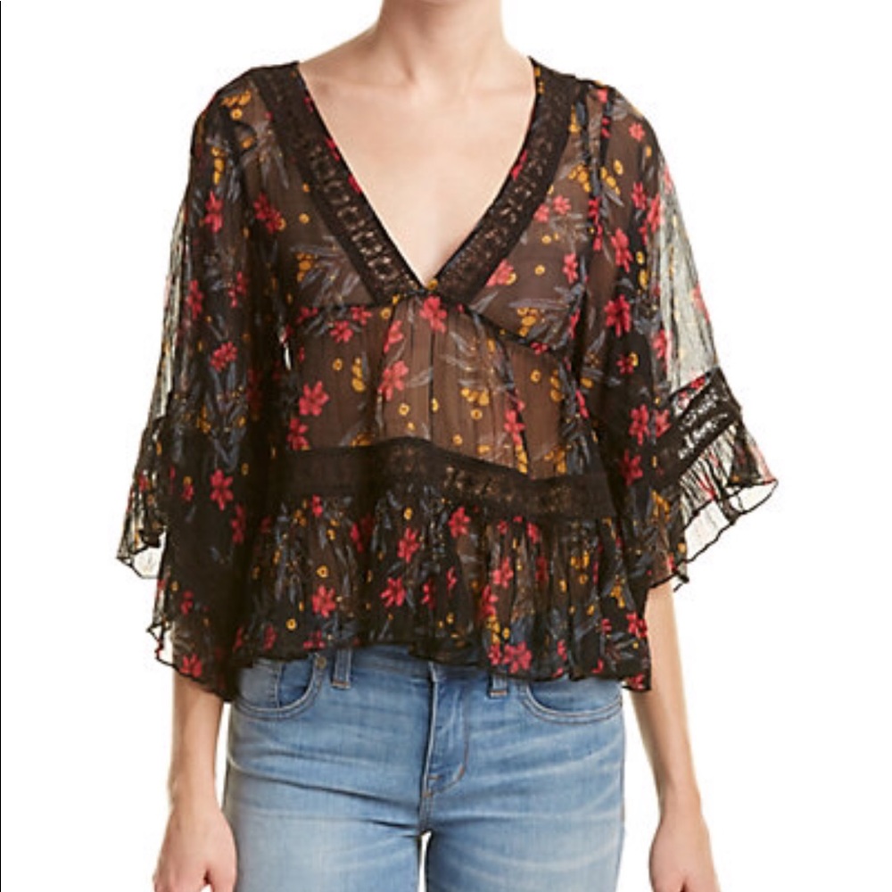NEW FREE PEOPLE SHEER FLORAL LACE OPEN BACK TOP XS